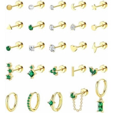 25pcs Hypoallergenic Flat Back Earrings 20G for Cartilage/Tragus/Conch, Surgical Stainless Steel, Gold/Silver, Compatible with Multiple Piercings