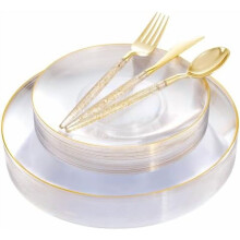 150PCS Clear Gold Plastic Plates & Cutlery Set with Glitter Handles – 30 Guests, Wedding/Party/Christmas – Compatible with Disposable Tableware