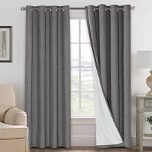 Linen Blackout Curtains 84" | 100% Blackout, Thermal Insulated, Textured Linen Look, Anti-Rust Grommets, White Liner, Energy Saving, 2 Panels, Grey