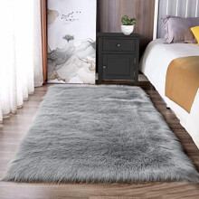 3x5 Faux Sheepskin Rug, Faux Fur Rug for Living Room, Fluffy Washable Rugs for Bedroom, Teen Bedroom Decor, Grey Fluffy Rugs, Rectangle