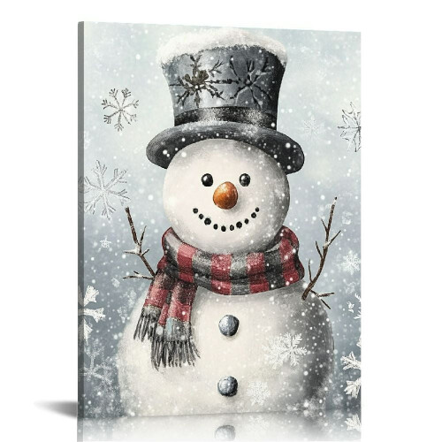 Snowman & Snowflakes Canvas Wall Art Print