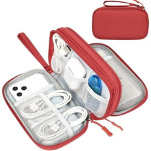 Draagbare, waterdichte kabelorganizer voor op reis – Dubbellaagse alles-in-één opbergoplossing voor snoeren, oplader, telefoon en oordopjes (rood)