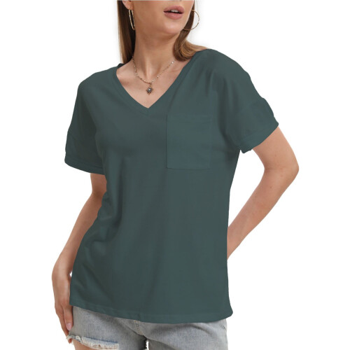 Γυναικεία T-shirts με κοντομάνικα και V λαιμόκοψη, καλοκαιρινά μπλουζάκια με τσέπη 2