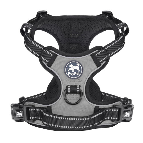 PoyPet No Pull Dog Harness, Reflective Vest Harness with 2 Leash Attachments and Easy Control Handle for Small Medium Large Dog(Grey,M)