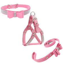 Newtensina Bowtie Dog Collar & Harness & Lead Sets Comfortable Soft Puppy Collar Diamante with Harness and Leashes Set for Dog - Pink - M