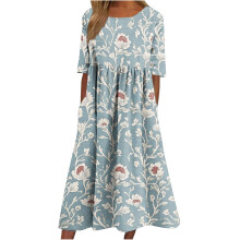 Damesjurk met bloemenprint, korte mouwen, ronde hals, gesmokte taille, gelaagde ruches, midi-jurk met zakken, zomerse boho vintage theejurk