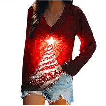 Pull de Noël pour femme, col en V, manches longues