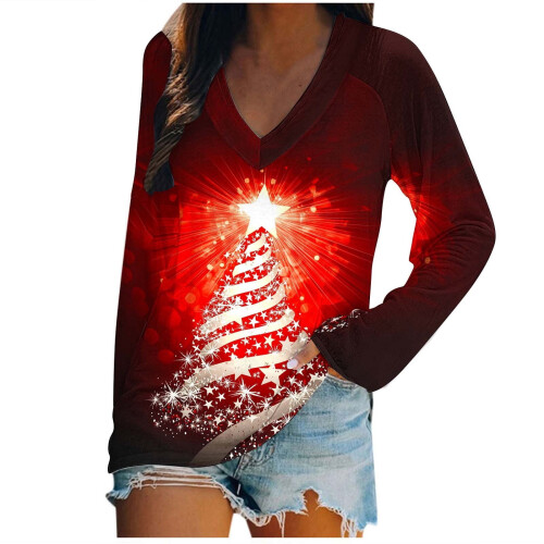 Pull de Noël pour femme, col en V, manches longues