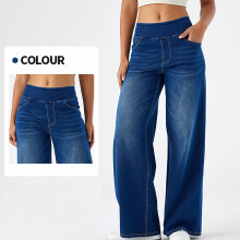 Jeans de mujer de talle alto y pierna ancha, cintura elástica, múltiples bolsillos, corte relajado, mezclilla preencogida – Tallas XS a XL
