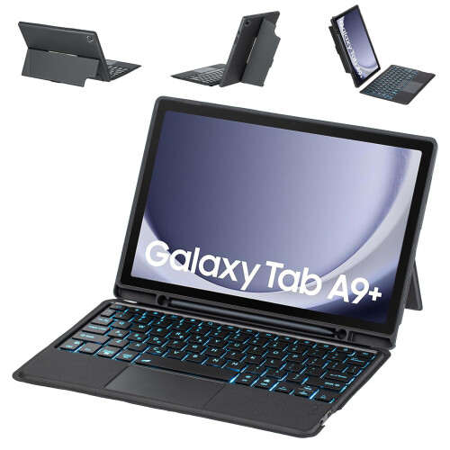Capa com teclado compatível com Samsung Galaxy Tab A9 Plus de 11 polegadas (SM-X210/X216/X218) com touchpad retroiluminado em 7 cores.