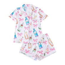 Conjunto de pijama feminino de manga curta com estampa de laço e botões dobráveis, branco, tamanho 2XL – Ideal para usar em casa e em ocasiões