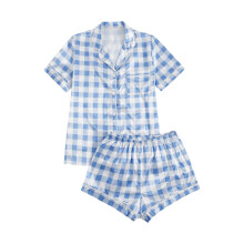 Ediodpoh Casual Pyjamaset voor Dames, effen zijdesatijnen, top met korte mouwen en knoopsluiting & short, nachtkleding pyjama voor dames, blauw_002S