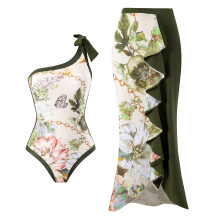 Damesbadpak met één schouder en retroprint, inclusief bijpassende chiffon strandrok