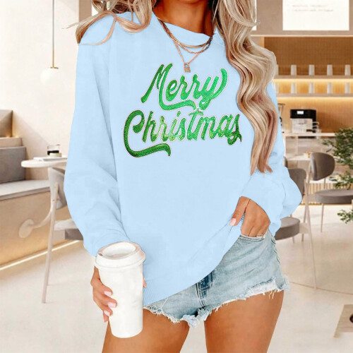 Damen-Sweatshirt mit Rundhalsausschnitt, hellblau, langärmlig, Größe M 1