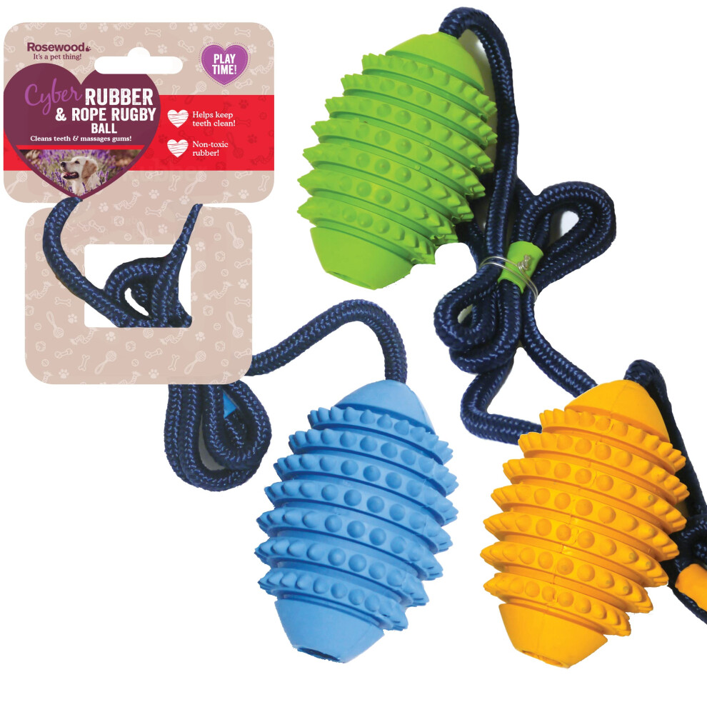 Rosewood Cyber Rubber And Rope Rugby Ball For Dogs - Tough, Interactive Dog Toy For Chewing, Fetch And Play - Non-Toxic Rubber - Supports Dental