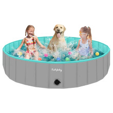 furrybaby Dog Paddling Pool Large Xl, Foldable Dog Pool Paddling Pool for Dogs, Puppy Pool for Gardens with PVC, Non-Slip Base & Drain Plug, Grey, 160