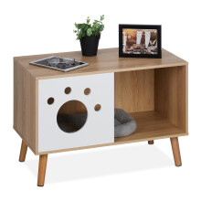 Relaxdays Cat Cabinet, Entrance, Wooden Cupboard Design, Litter Box, Pet House, HxWxD: 50 x 75 x 40 cm, Natural/White, Fibreboard