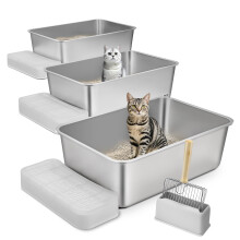 VEVOR Cat Litter Box, 8 inches Deep, XL Extra Large Stainless Steel Cat Litter Box with Scoop, Wide Filtering Foot Board & High Sides, Enclosed