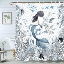 Rideau de douche sirène, motif océan bleu nautique, pieuvre et corail, 175 x 190 cm, compatible avec les tringles standard