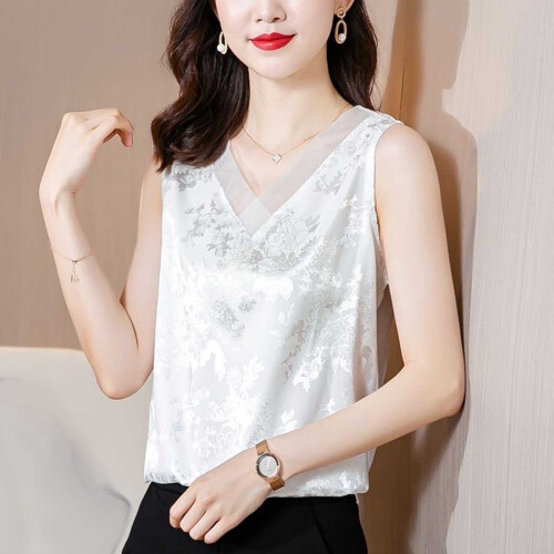 Canotta da donna, blusa senza maniche con scollo a V e inserti in pizzo, comoda per la primavera e l'estate. 2