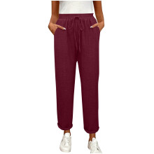 Women's Solid Straight Leg Pants w/ Elastic Drawstring Waist, Pockets, Slim Fit – Pre-Shrunk Washed Crinkle Fabric, S-2XL