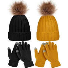 4-teiliges Winter-Set mit Mütze und Handschuhen, Bommel, warm gefüttert, mit Touchscreen-Funktion, für Damen, Herren, Paare und Freunde