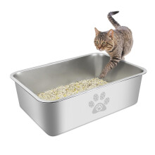 PTLOM Food Grade Stainless Steel Cat Litter Tray - Large Metal Toilet Box Low Entry for Senior Cats, Rounded Edges, Rustproof, Non-Stick Pan, Pet Tool