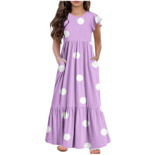 Mikilon Mädchen-Maxikleid, lässig, lang, Größe 6-12 Jahre, Kurzarm, gepunktet, locker geschnitten, mit Taschen, Größe 4-12 Jahre