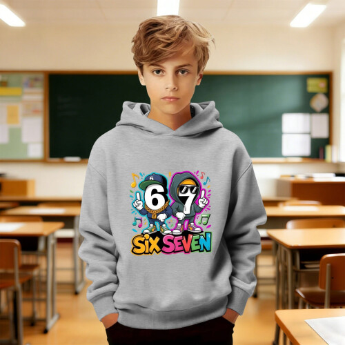 Six Seven6 7Meme Hettegenser Julegenser Barn Avslappet Langermet Printet Hettegenser Pullover for Gutter Grå 1