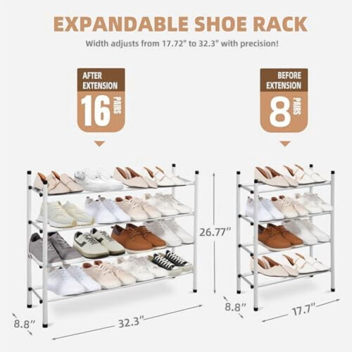 Expandable 4-Tier Metal Shoe Rack – White 2