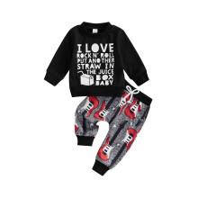 (2-3 Years, Black) 2-teiliges Herbst-Set für Jungen: Langarmshirt mit Rundhalsausschnitt und Buchstabenprint, Hose mit Gitarrenmuster