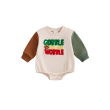 (12-18 Months, Beige) Combinaison brodée Thanksgiving bébé, body manches longues, col rond, vêtements automne nouveau-né