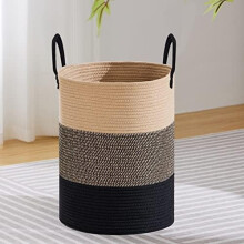 Large Laundry Hamper, Tall Woven Rope Storage Basket for Blanket, Toys, Dirty Clothes in Living Room, Bathroom, Bedroom - 58L Brown & Black