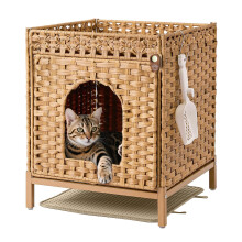 Klippehop Cat Litter Box Enclosure with Elevated Metal Base, Handwoven Rattan House Hidden Cat Litter Tray Furniture with 2 Mats & S Hooks, Detachable