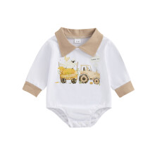 (6-9 Months, Khaki) Grenouillère à manches longues et col à revers, imprimé cartoon, body nouveau-né, combinaison automne