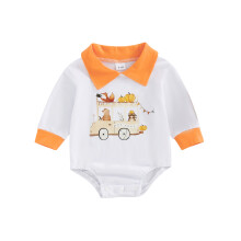 (9-12 Months, Orange) Grenouillère à manches longues et col à revers, imprimé cartoon, body nouveau-né, combinaison automne