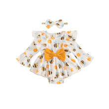 (0-3 Months, Yellow) Ensemble automnal pour bébé fille, barboteuse à manches évasées et motif abeille, bandeau à nœud