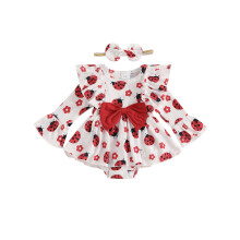 (6-9 Months, Red) Ensemble automnal pour bébé fille, barboteuse à manches évasées et motif abeille, bandeau à nœud