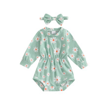 (3-6 Months, Green) Grenouillères pour bébés filles, col rond, manches longues, imprimé marguerites, vêtements d'automne