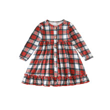 (18-24 Months, Red) Mädchen Herbstkleid Langarm Rundhals Karomuster Rüschensaum Kleid Kleinkind A-Linien-Kleid