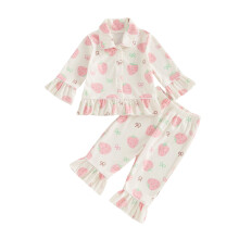 (18-24 Months, Pink) Piżama dla dziewczynki, 2 elementy, nadruk truskawkowy/motyl, bluzka z długim rękawem i spodnie, strój domowy.