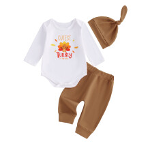 (0-3 Months, Ivory) 3-teiliges Baby-Thanksgiving-Outfit: Langarm-Strampler mit Truthahn-Print, Hose und Mütze