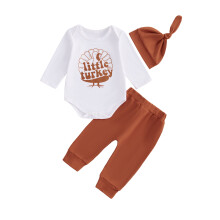 (6-12 Months, White) 3-teiliges Baby-Thanksgiving-Outfit: Langarm-Strampler mit Truthahn-Print, Hose und Mütze