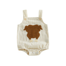 (0-3 Months, Beige) Combinaison bébé salopette Thanksgiving avec broderie dinde, sans manches, col carré, adorable, en velours côtelé