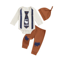 (3-6 Months, Brown) Thanksgiving-Outfit für Jungen: Langarm-Strampler mit Krawatte, Hose mit Truthahn-Print und Hut – 3-teiliges Outfit