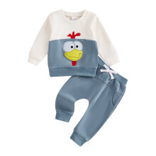 (6-12 Months, Blue) Thanksgiving-Outfit für Kleinkinder: Langarm-Sweatshirt mit Truthahn-Applikation und passende Hose (2-teiliges Set)