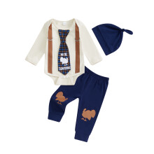 (6-12 Months, Navy Blue) Thanksgiving-Outfit für Jungen: Langarm-Strampler mit Krawatte, Hose mit Truthahn-Print und Hut – 3-teiliges Outfit