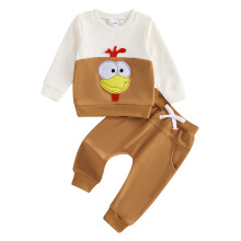 (6-12 Months, Coffee) Thanksgiving-Outfit für Kleinkinder: Langarm-Sweatshirt mit Truthahn-Applikation und passende Hose (2-teiliges Set)