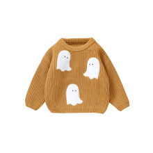 (6-9 Months, Yellow) Suéter infantil unissex de Halloween com estampa de fantasmas bordados, manga longa, gola redonda e tricô grosso.