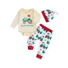 (12-18 Months, Beige) Baba fiú karácsonyi ruhák, kerek nyakú, hosszú ujjú, teherautó mintás, 3 db-os szett